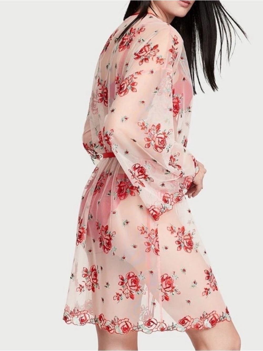 NWT Victoria’s Secret Floral Embroidered Sheer Mesh Kimono Robe XL/XXL Red Rose